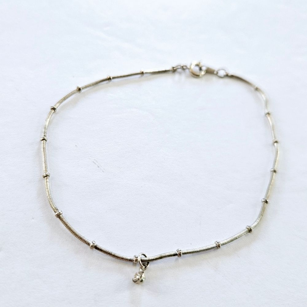 Vintage Silver Snake Chain Beaded Anklet Bracelet Signed Korea Rhinestone Charm